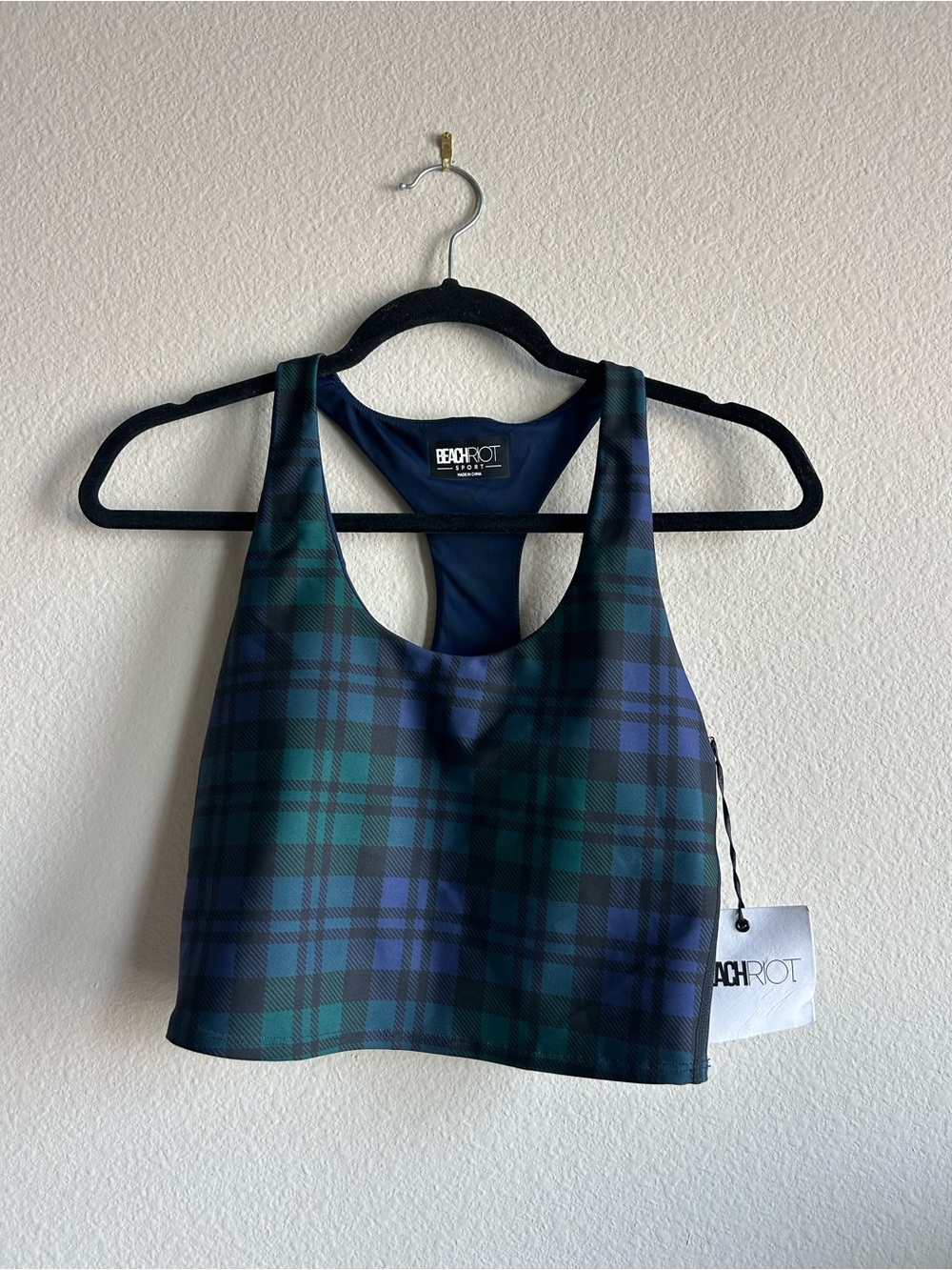 Beach Riot Green Navy Plaid Racerback Crop Tank